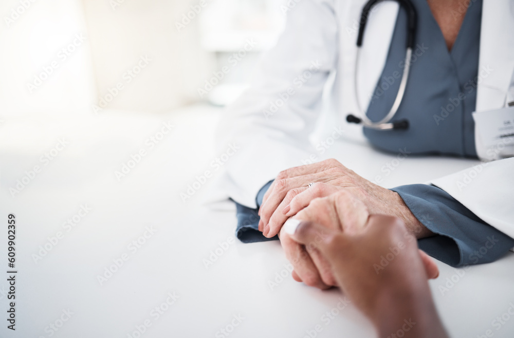 Empathy, space and holding hands of doctor and patient for medical, consulting and advice. Medicine, healthcare and help in closeup of people in hospital for depression, compassion and hope in cancer