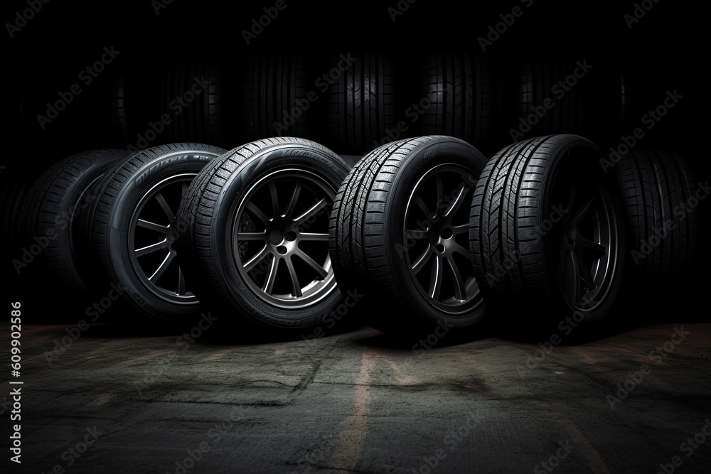 Car tires on dark background. Generative AI Car tires on dark background. Generative AI