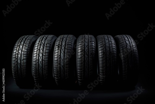 Car tires on dark background. Generative AI