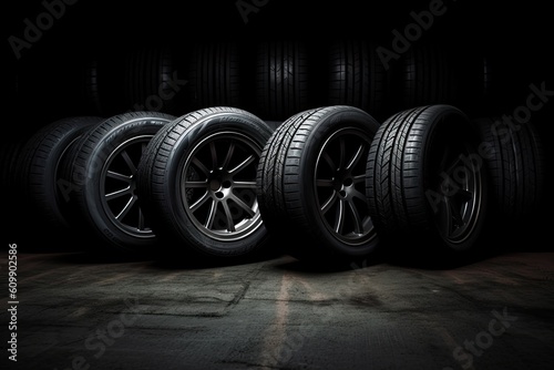Car tires on dark background. Generative AI