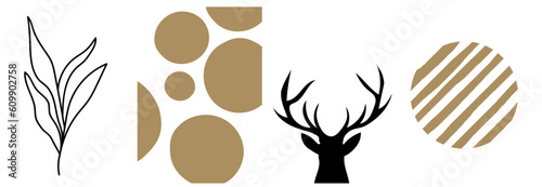 Collection of modern simple minimalistic silhouettes of a deer, a plant and beige geometric shapes (circles) on a white background