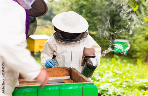 Two beekeepers open a beehive on the street © caftor