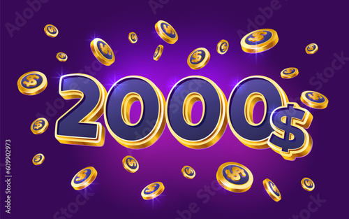 2000 dollar coupon gift voucher, cash back banner special offer, casino winner. Vector illustration