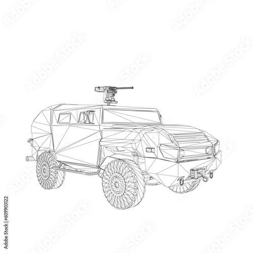 Army truck transportation for operation war vector design illustration. Truck in desert. 3D armored car. Wireframe military SUV. Off-road vehicle. Vector image for prints, poster and illustrations..