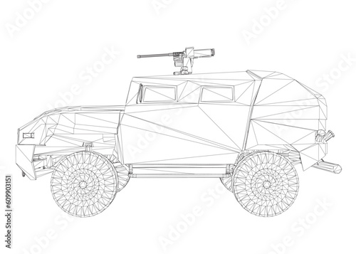 Army truck transportation for operation war vector design illustration. Truck in desert. 3D armored car. Wireframe military SUV. Off-road vehicle. Vector image for prints, poster and illustrations..