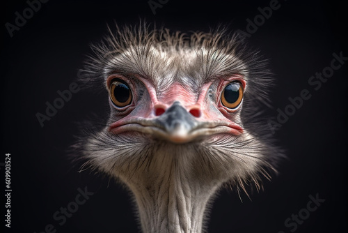 Portrait of an ostrich on dark background. Generative Ai