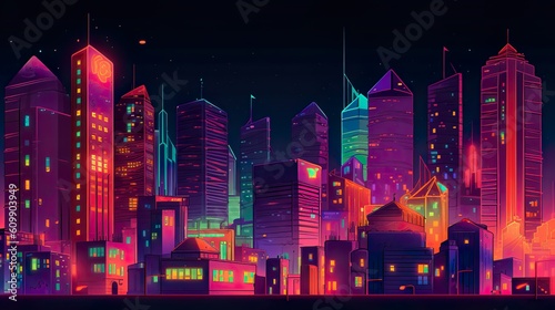 Abstract background illuminated city. Impressive banner design showcasing an illuminated city in a captivating neon illustration with an abstract background. Generative AI.