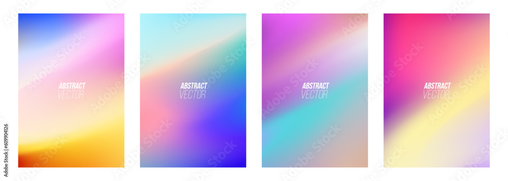 Set of abstract backgrounds with bright dynamic gradients. Blurred graphic templates with vibrant fluid colors. Vector illustration.