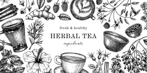 Hand drawn tea drinks ingredients banner in color. Vector sketches of hot beverage cups, herbs, flowers, fruits vintage background. Herbal tea design for cafe or restaurant menu, banners, web.