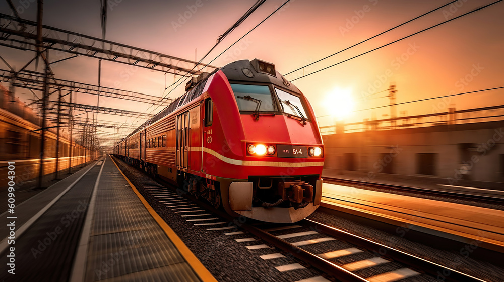 Fototapeta premium High speed train in motion on the railway station. Generative Ai