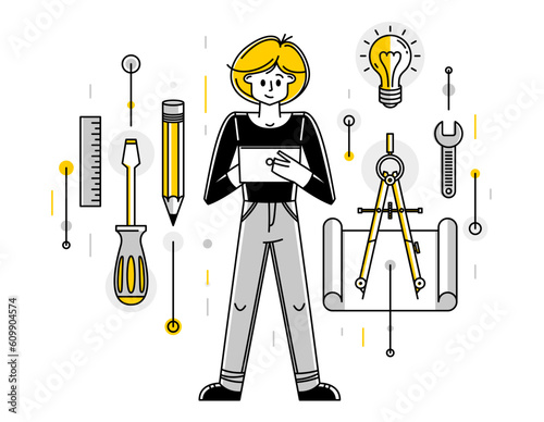 Engineer working on a project, mechanic specialist doing his job on draft plan vector outline illustration, creative inventor, machine repair.