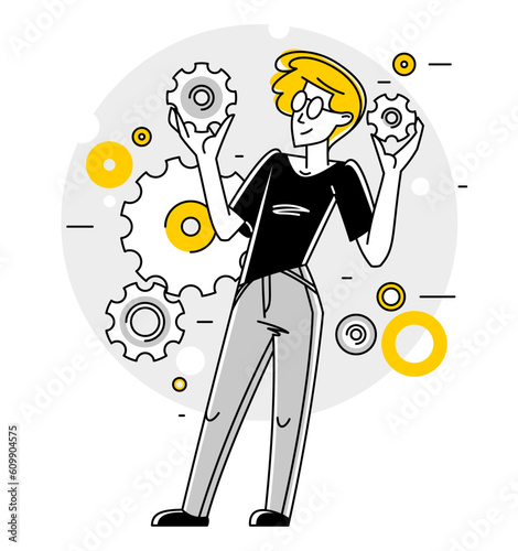 Mechanic engineer working on a draft plan vector illustration, inventor or repair job, engineering machine industry, system technician.