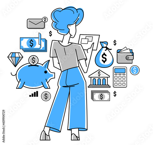 Woman financier working with finances online vector outline illustration, investment and tax and budget managing online on a web or mobile, funds administration.