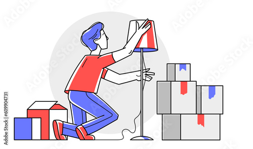 Moving to new apartment or business moving to new office, person carry and unpack boxes with stuff, beginning of new life, vector outline illustration.