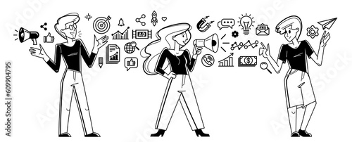 Marketing theme vector outline illustration, marketers team analyzing and creating plan and strategy, advertising business teamwork concept, reach a goal success.