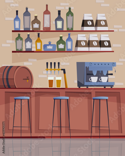 Beer bar interior cartoon illustration. Empty modern pub, bar counter with alcohol drinks, stool chairs. Cafe with alcoholic beverages in bottles. Beer in glasses and coffee machine, flat vector © Sensvector