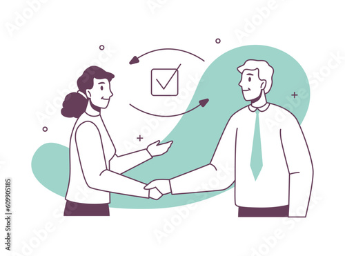 Customer service call center worker exchange tasks, done task marks. Vector illustration of woman and man shaking hands, team support member, helpline assistant representatives