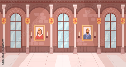 Castle royal ballroom interior cartoon background with monarch king and queen gallery portraits. Vector medieval hall for ball with arch windows. Dance hallway with column for monarchy wedding