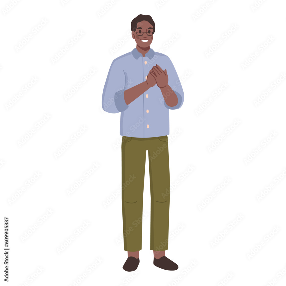 Man clapping with hands, applauding person showing support gestures, male applause. Vector illustration of happy guy greeting someone, congratulating with appreciation