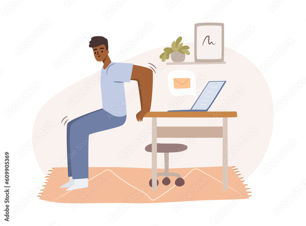 Man stretches at workplace, cartoon character doing small exercises at work to get rest. Vector employer stretching, freelancer working from home or office has sport break, flat cartoon vector