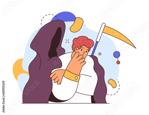 Man suffering from panic attack, fear of death flat cartoon vector illustration. Concept of fear of coming death or dead monster. Depressed man, fearful unhappy person suffer from nightmare