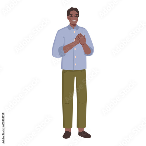 Man clapping with hands, applauding person showing support gestures, male applause. Vector illustration of happy guy greeting someone, congratulating with appreciation