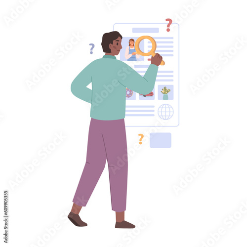 Check truth and don't share fake news. Male hand holding newspaper and magnifier searching for fake news. False info fabrication, media information source, vector illustration