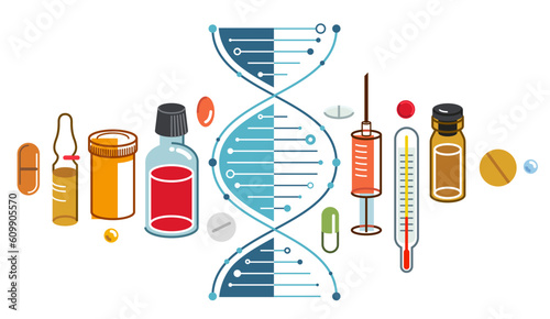 DNA strand based medical theme composition with lots of different drugs and meds vector illustration isolated, drugstore or medical biotechnology scientific research.
