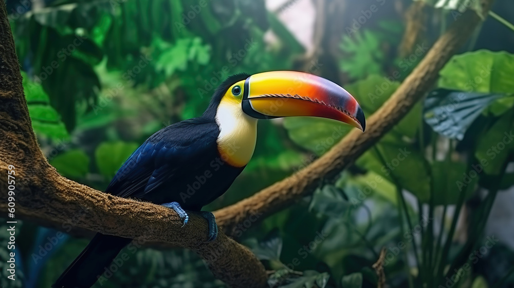 Naklejka premium Toucan sitting on the branch in the forest. Generative Ai