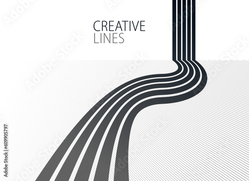 Linear composition vector road to horizon, abstract background with lines in 3D perspective, optical illusion op art, black and white monochrome.