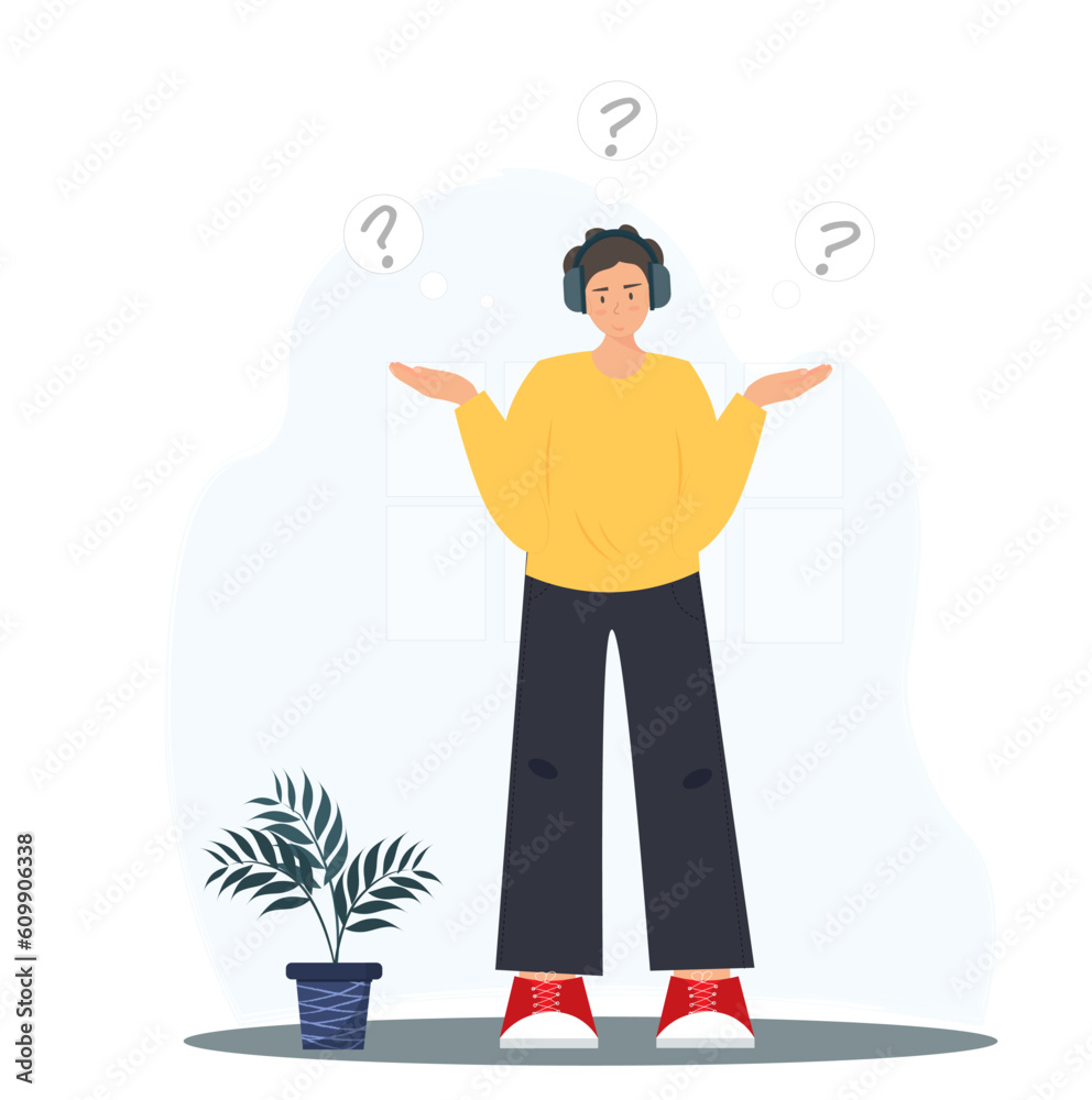 Person trying to solve the problem, thinking, searching idea, trying to find a solution, brainstorming concept, flat vector illustration Person trying to solve the problem, thinking, searching idea, trying to find a solution, brainstorming concept, flat vector illustration