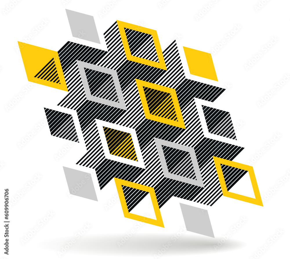 Black and yellow geometric vector abstract background with cubes and shapes, isometric 3D abstraction art displaying city buildings forms look like, op art optical illusion.