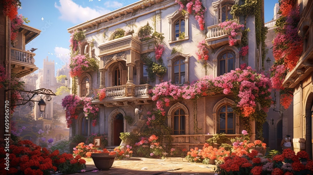 3D building covered with beautiful flowers Generative AI