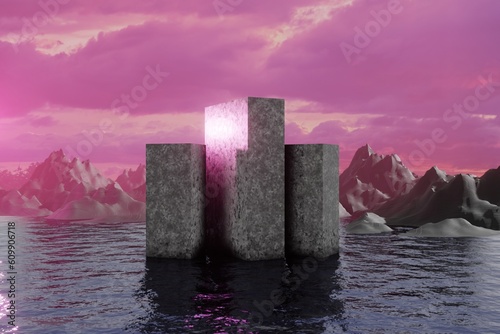 3d Render, Scifi Landscape Futuristic night post apocalyptic scenario with abstract alien landscape and moonlight glow in neon light.