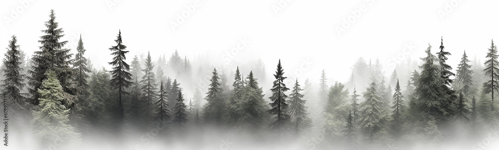 Fototapeta premium coniferous forest isolated on a white background panorama, tops of fir trees. Generative AI