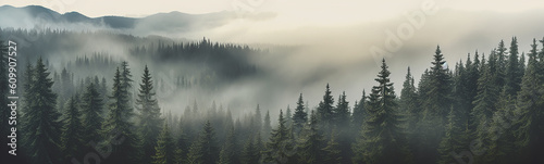 panorama of a coniferous forest in the mist of tree tops. generative ai © kichigin19