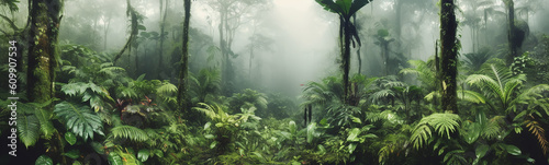 panorama of the rainforest tree tops in the fog. Generative AI