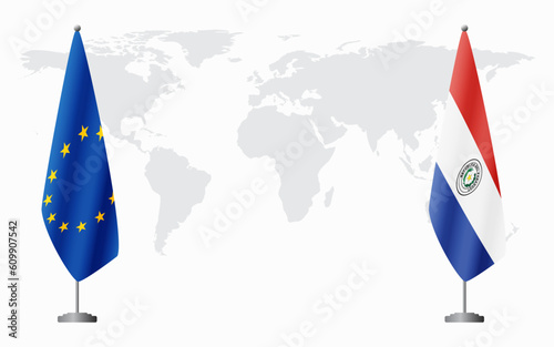 European Union and Paraguay flags for official meeting