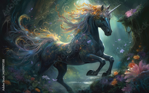 Unicorn horse with the flowers at jungle background. Generative AI.
