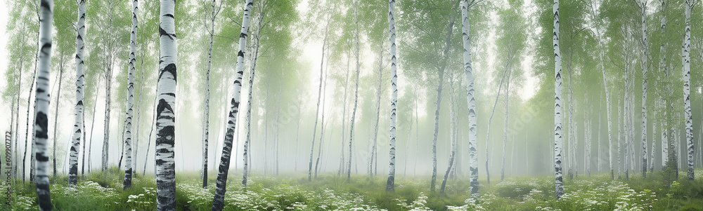 panorama of a green birch forest in the fog, long frame. Generative AI panorama of a green birch forest in the fog, long frame. Generative AI