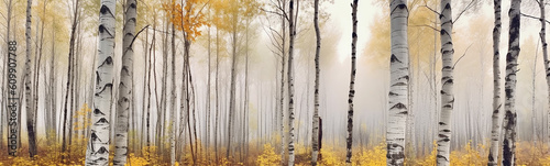 autumn birch forest fog landscape panorama October. generative  ai photo