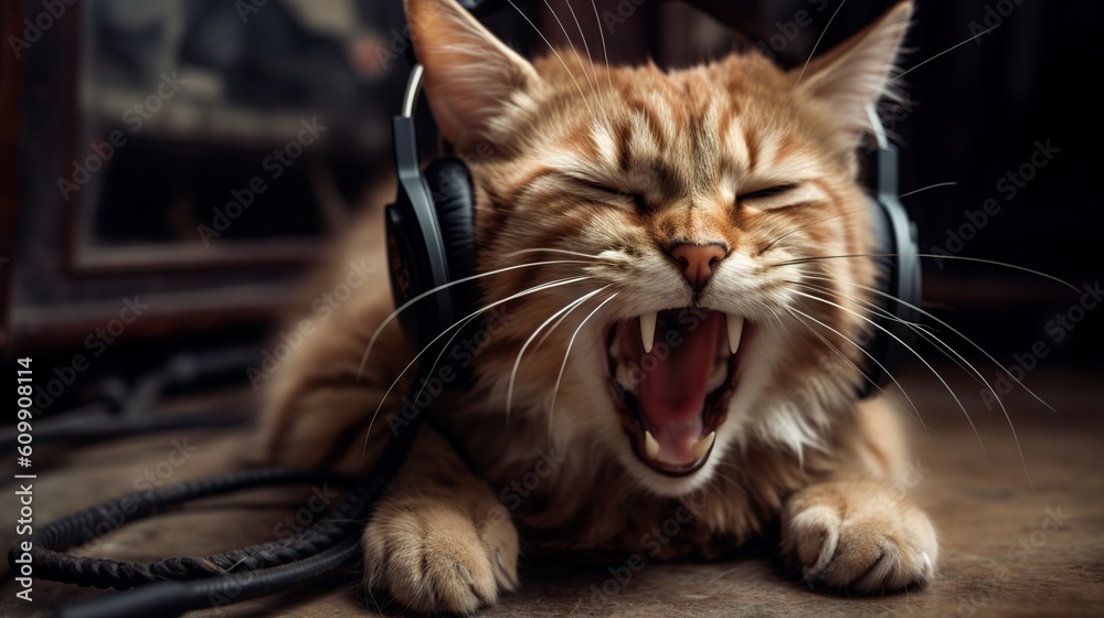 A cat listening to music with headphones on and really enjoying the music, Generative AI