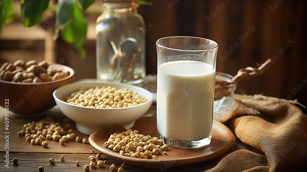 Reptientes with soy milk and grains on a wooden table and rustic kitchen background. Generative Ai Reptientes with soy milk and grains on a wooden table and rustic kitchen background. Generative Ai