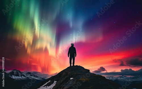 Silhouette of a person on the top of mountain with aurora light. Generative AI.