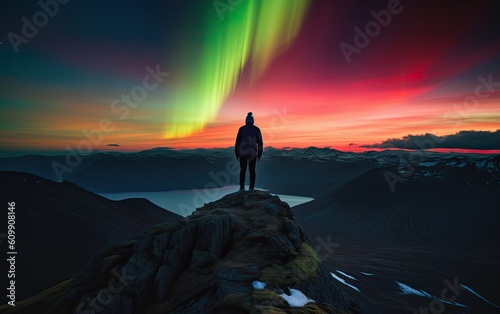 Silhouette of a person on the top of mountain with aurora light. Generative AI. © hugo