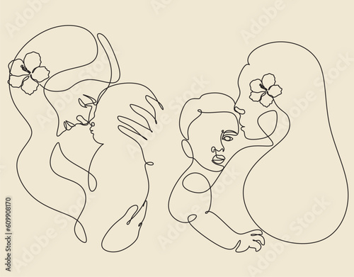 Woman holding baby minimal one line art. Mother and child. Young mom hugging baby on floral background. Vector illustration for Happy International Mother's Day card, loving family, parenthood concept