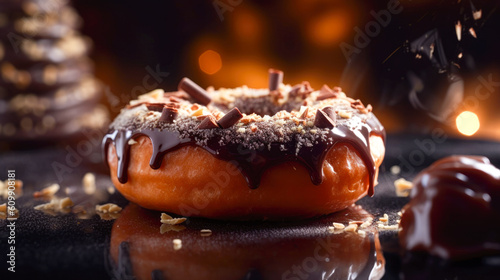 A close-up shot of a delicious brown donut with a chocolate icing  sugar powder and chocolate sprinkles on the top under studio light on the mirror surface made with Generative AI 