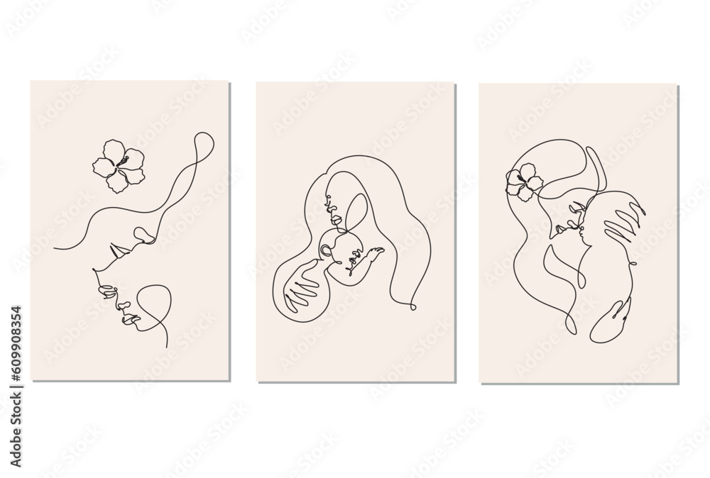 One line drawing woman and baby minimal logo. Line art mother and child vector illustration. Happy Mother day card.