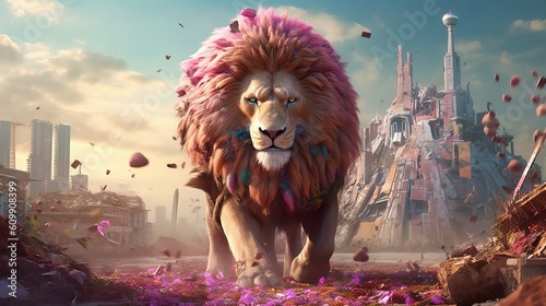 Figure lion stands on the background of the city Generative AI © Dzmitry