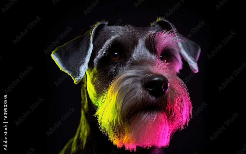 Neon light portrait of a dog. Generative AI.